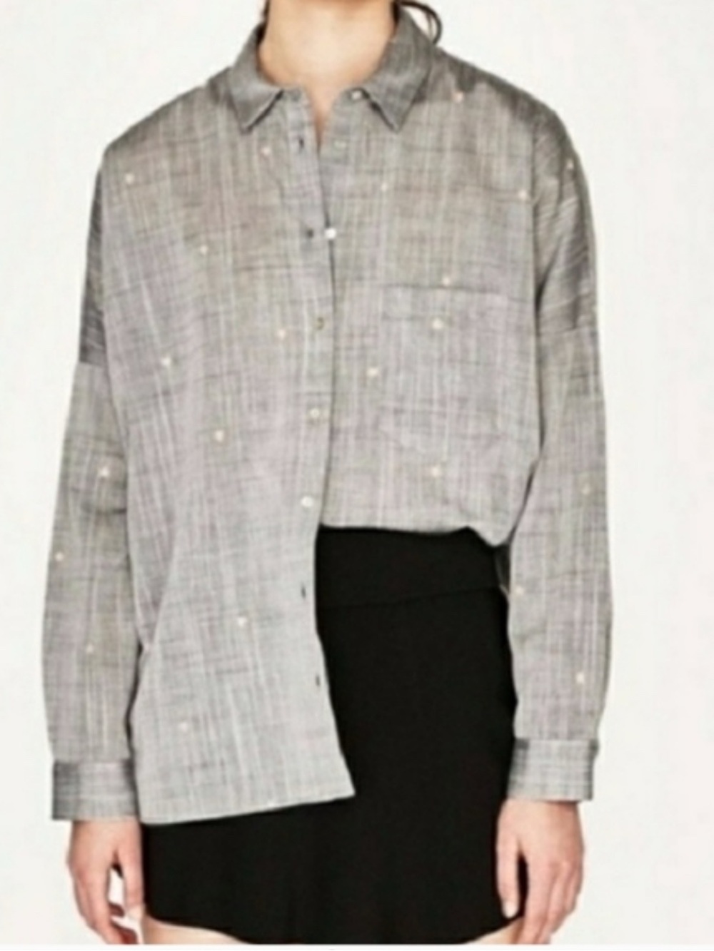 Zara Gray Plaid Button-Down Shirt with Pearl Accents